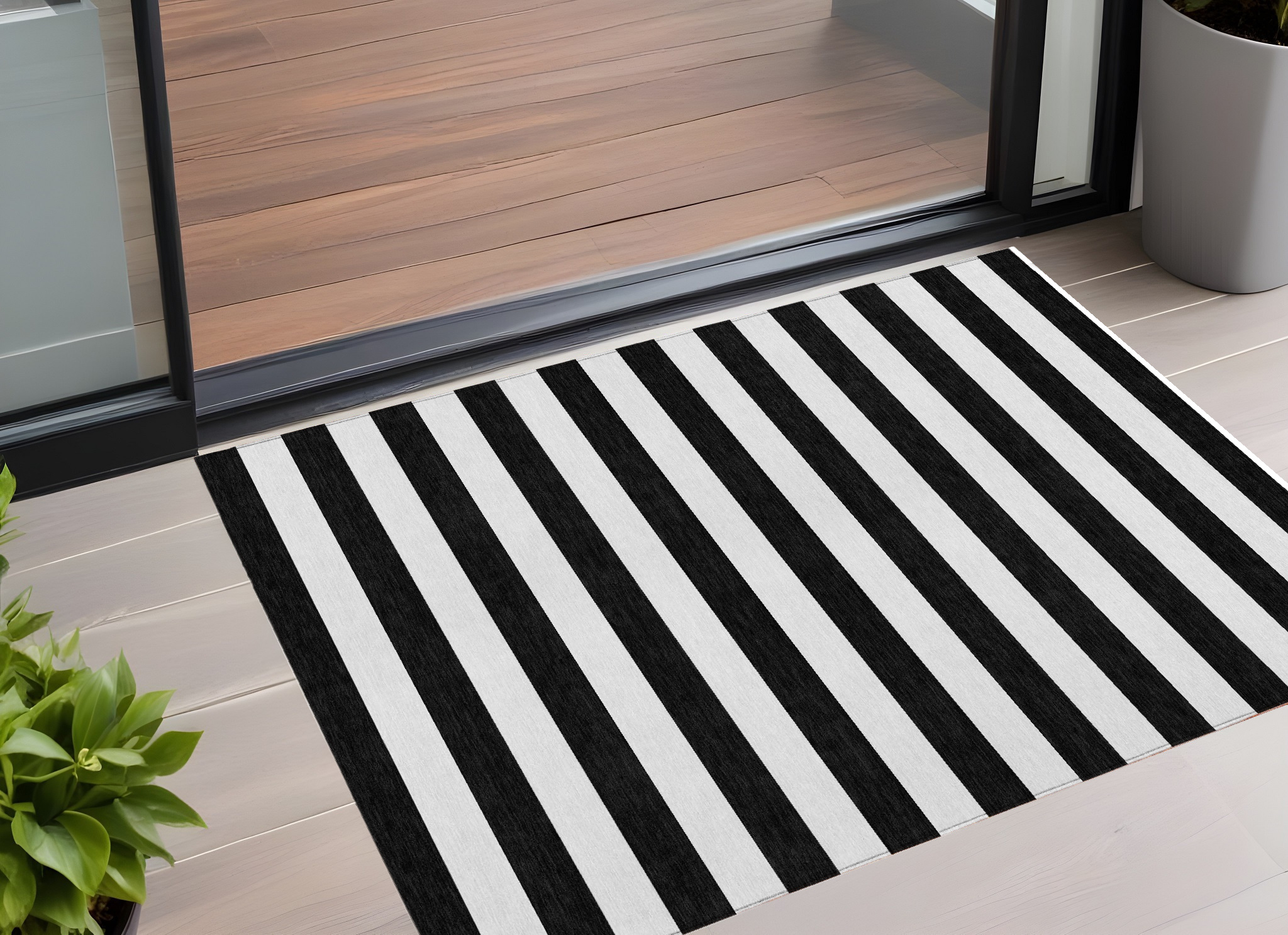 3' X 5' Black and White Striped Washable Non Skid Indoor Outdoor Area Rug-560801-1