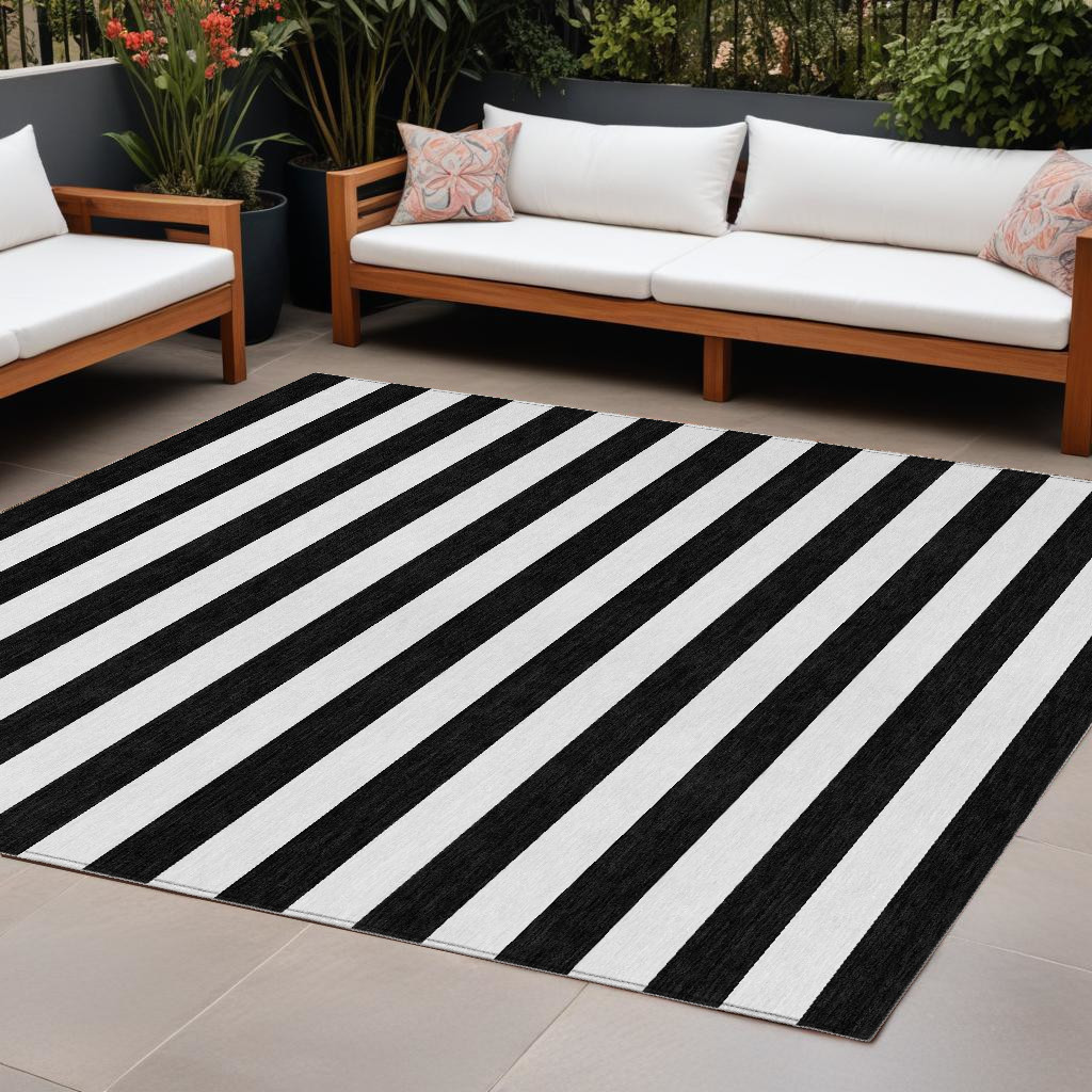 9' X 12' Black and White Striped Washable Non Skid Indoor Outdoor Area Rug-560805-1