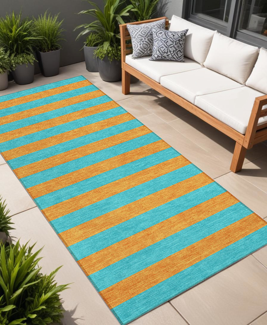 8' Runner Aqua Striped Washable Non Skid Indoor Outdoor Runner Rug-561024-1