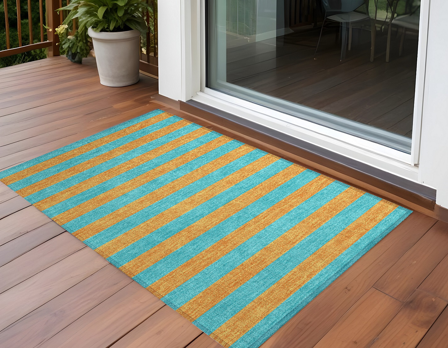 3' X 5' Aqua Striped Washable Non Skid Indoor Outdoor Area Rug-561026-1