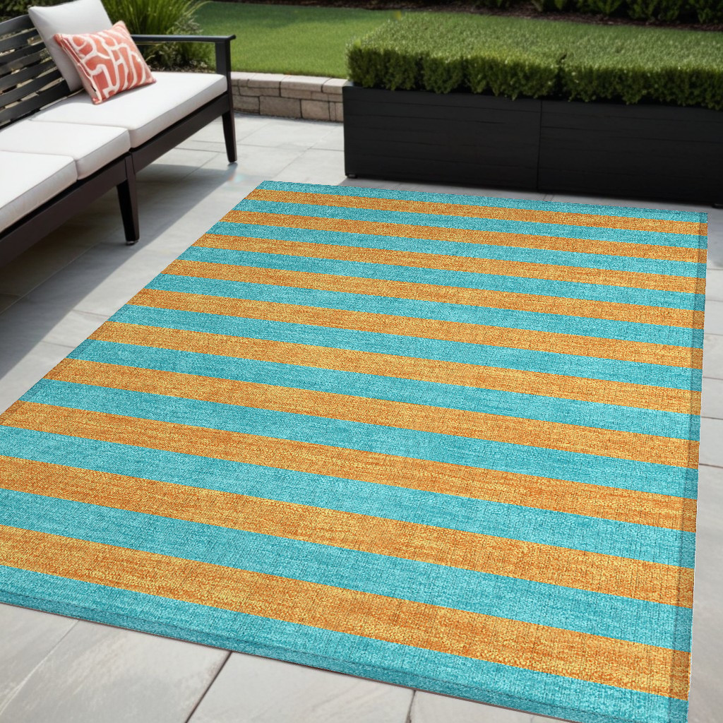 5' X 8' Aqua Striped Washable Non Skid Indoor Outdoor Area Rug-561027-1