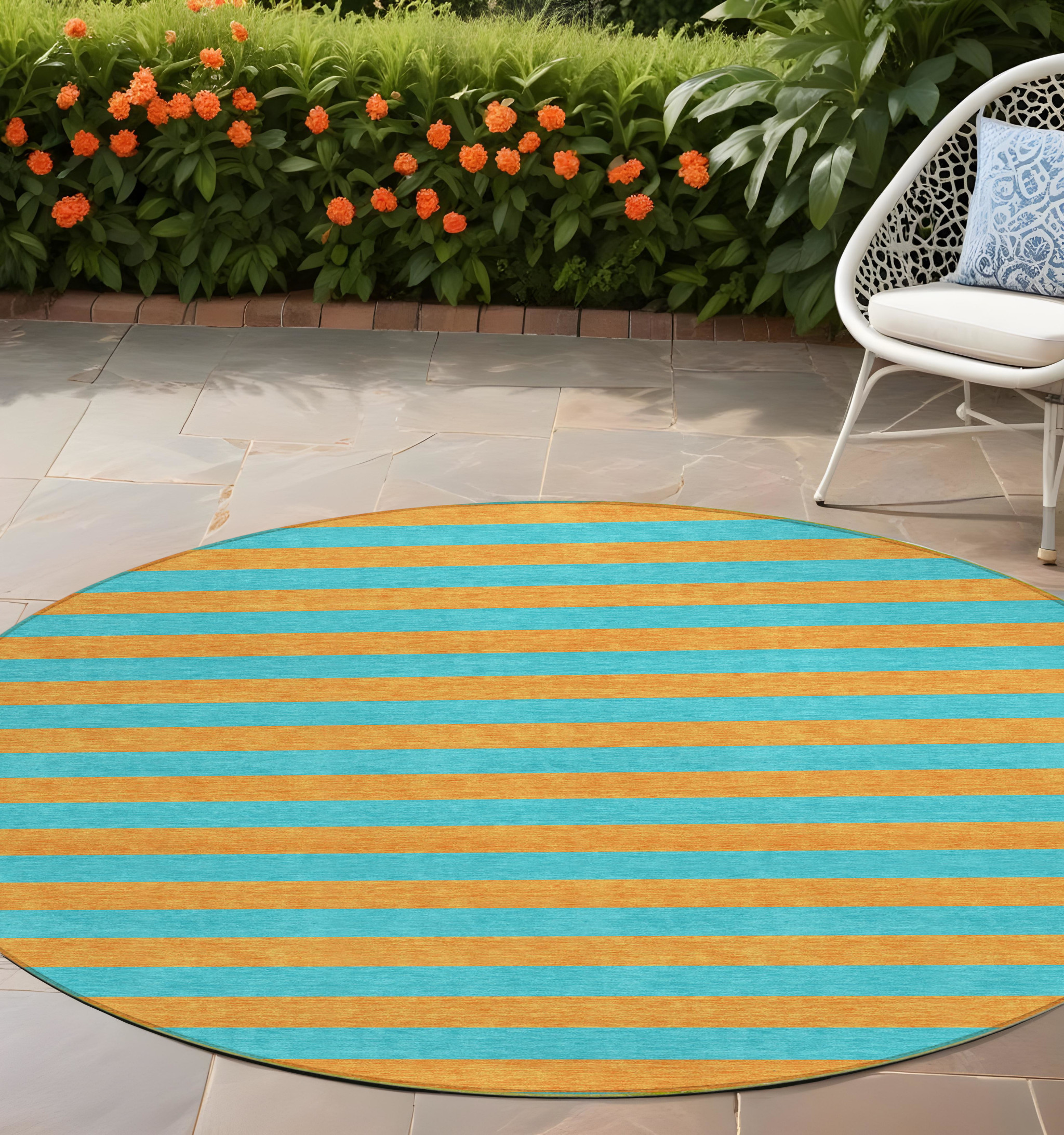 8' Round Aqua Round Striped Washable Non Skid Indoor Outdoor Area Rug-561028-1
