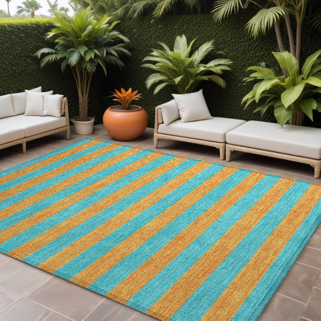 9' X 12' Aqua Striped Washable Non Skid Indoor Outdoor Area Rug-561030-1