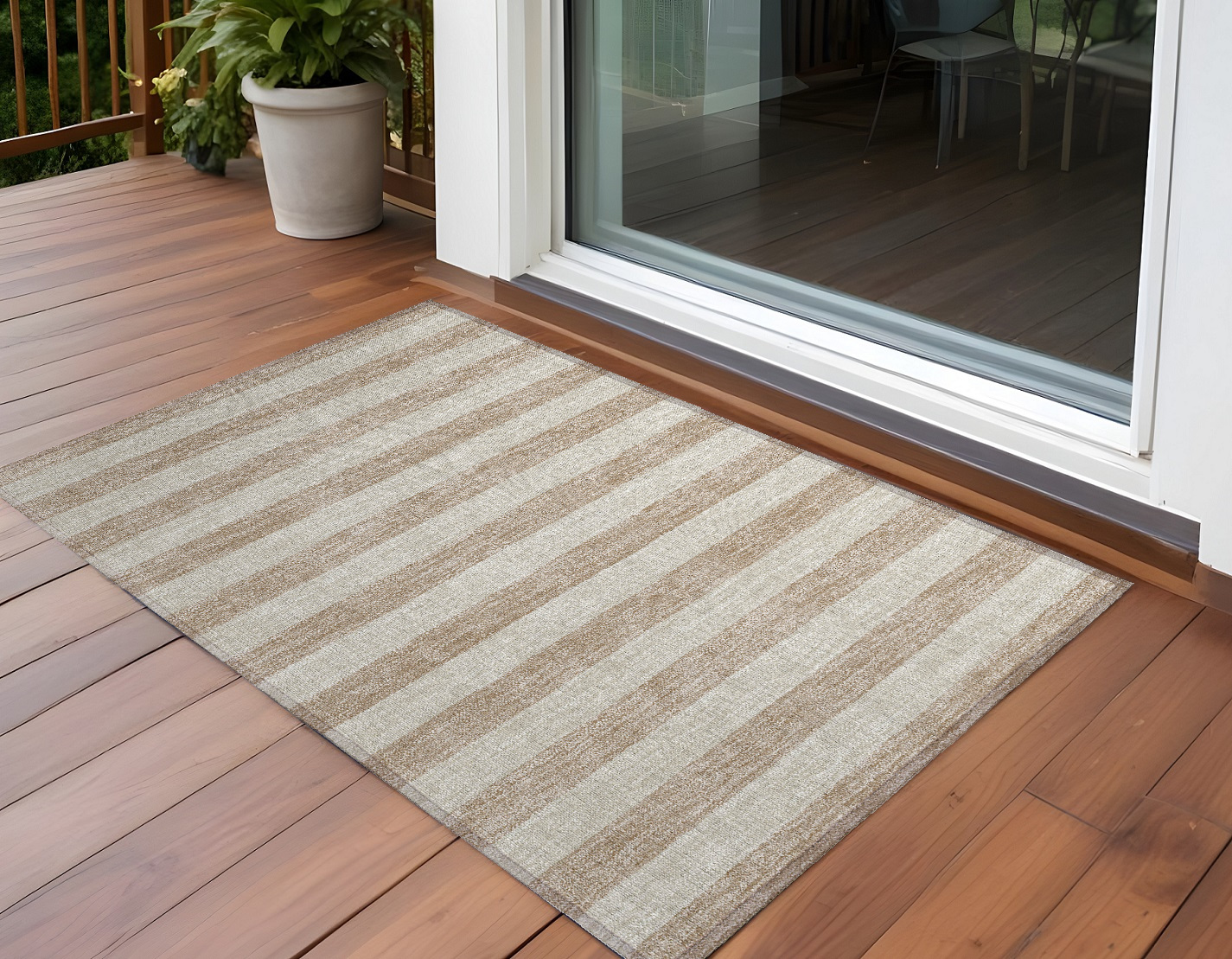2' X 3' Beige Striped Washable Non Skid Indoor Outdoor Area Rug-561032-1