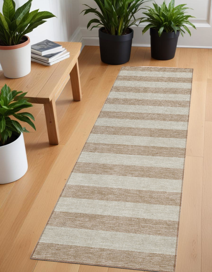 8' Runner Beige Striped Washable Non Skid Indoor Outdoor Runner Rug-561033-1
