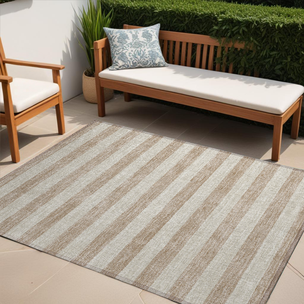 5' X 8' Beige Striped Washable Non Skid Indoor Outdoor Area Rug-561036-1