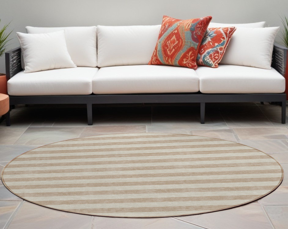 8' Round Beige Round Striped Washable Non Skid Indoor Outdoor Area Rug-561037-1
