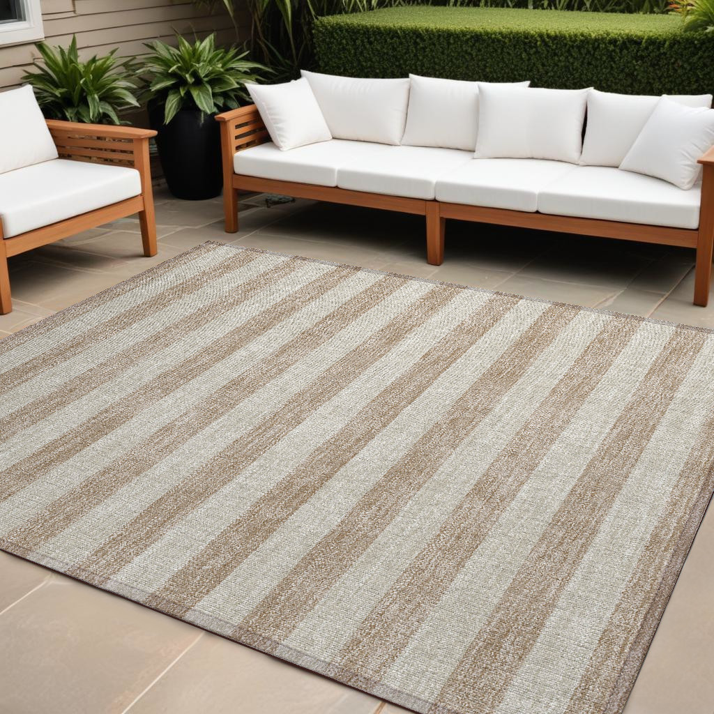 9' X 12' Beige Striped Washable Non Skid Indoor Outdoor Area Rug-561039-1