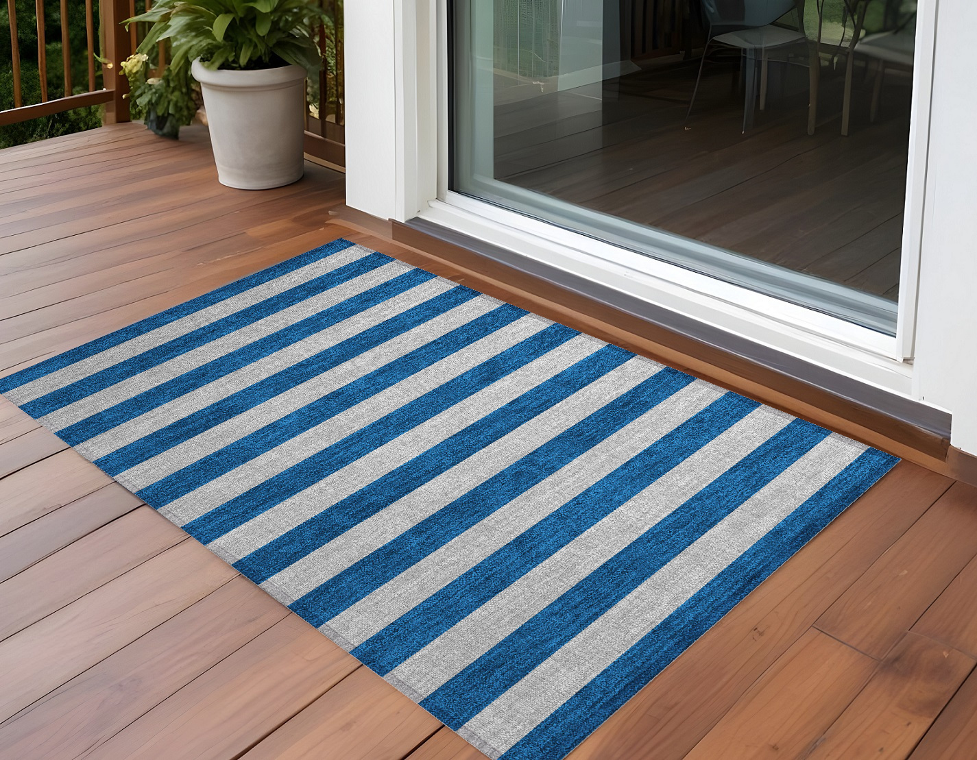2' X 3' Blue and Ivory Striped Washable Non Skid Indoor Outdoor Area Rug-561041-1