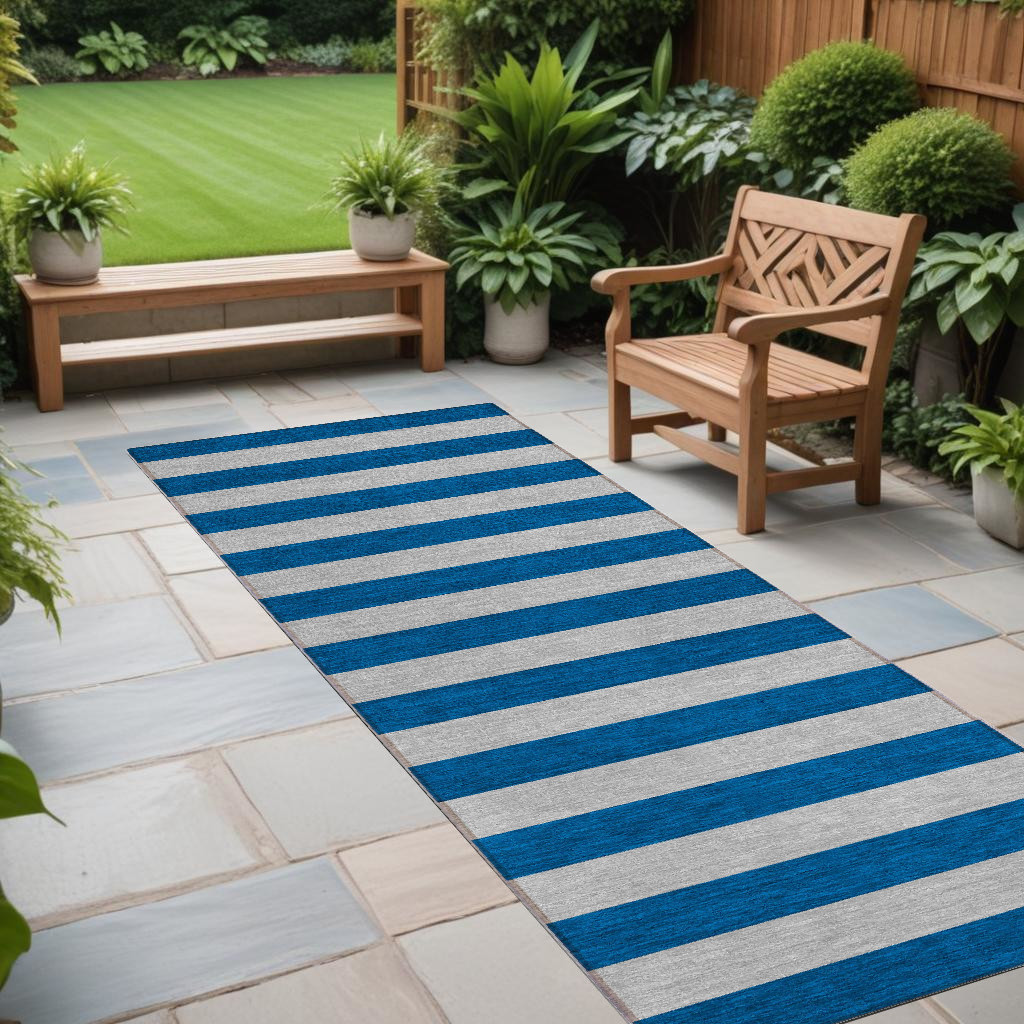 8' Runner Blue and Ivory Striped Washable Non Skid Indoor Outdoor Runner Rug-561042-1