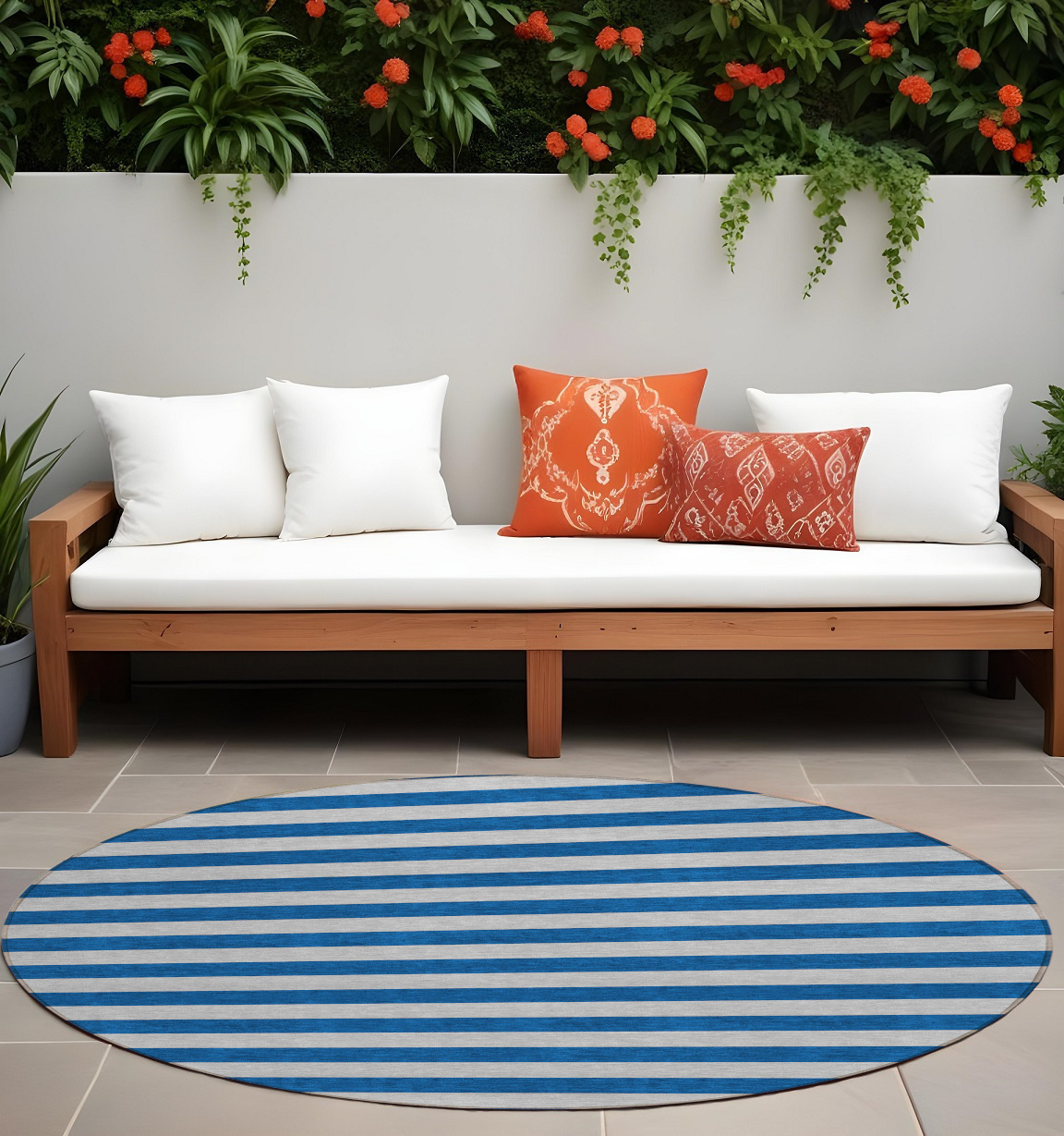 8' Round Blue and Ivory Round Striped Washable Non Skid Indoor Outdoor Area Rug-561046-1