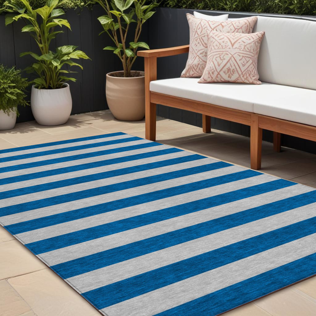 8' X 10' Blue and Ivory Striped Washable Indoor Outdoor Area Rug-561047-1
