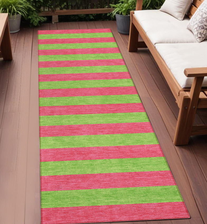 2' X 8' Green and Red Striped Washable Indoor Outdoor Runner Rug-561051-1