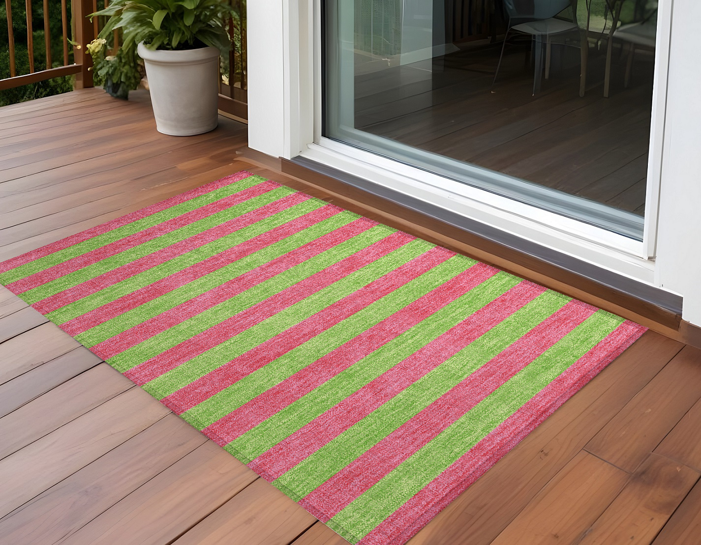 3' X 5' Green and Red Striped Washable Non Skid Indoor Outdoor Area Rug-561053-1