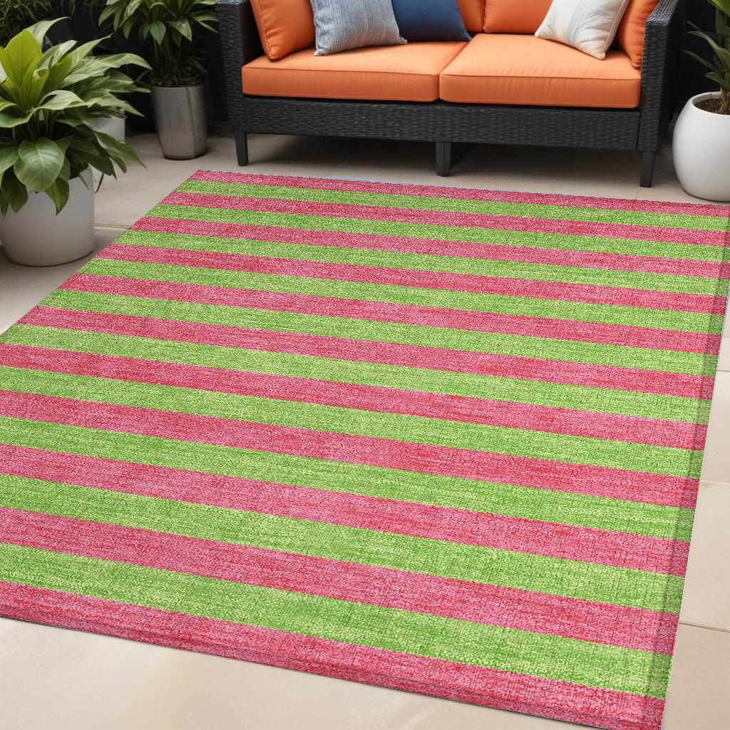5' X 8' Green and Red Striped Washable Non Skid Indoor Outdoor Area Rug-561054-1