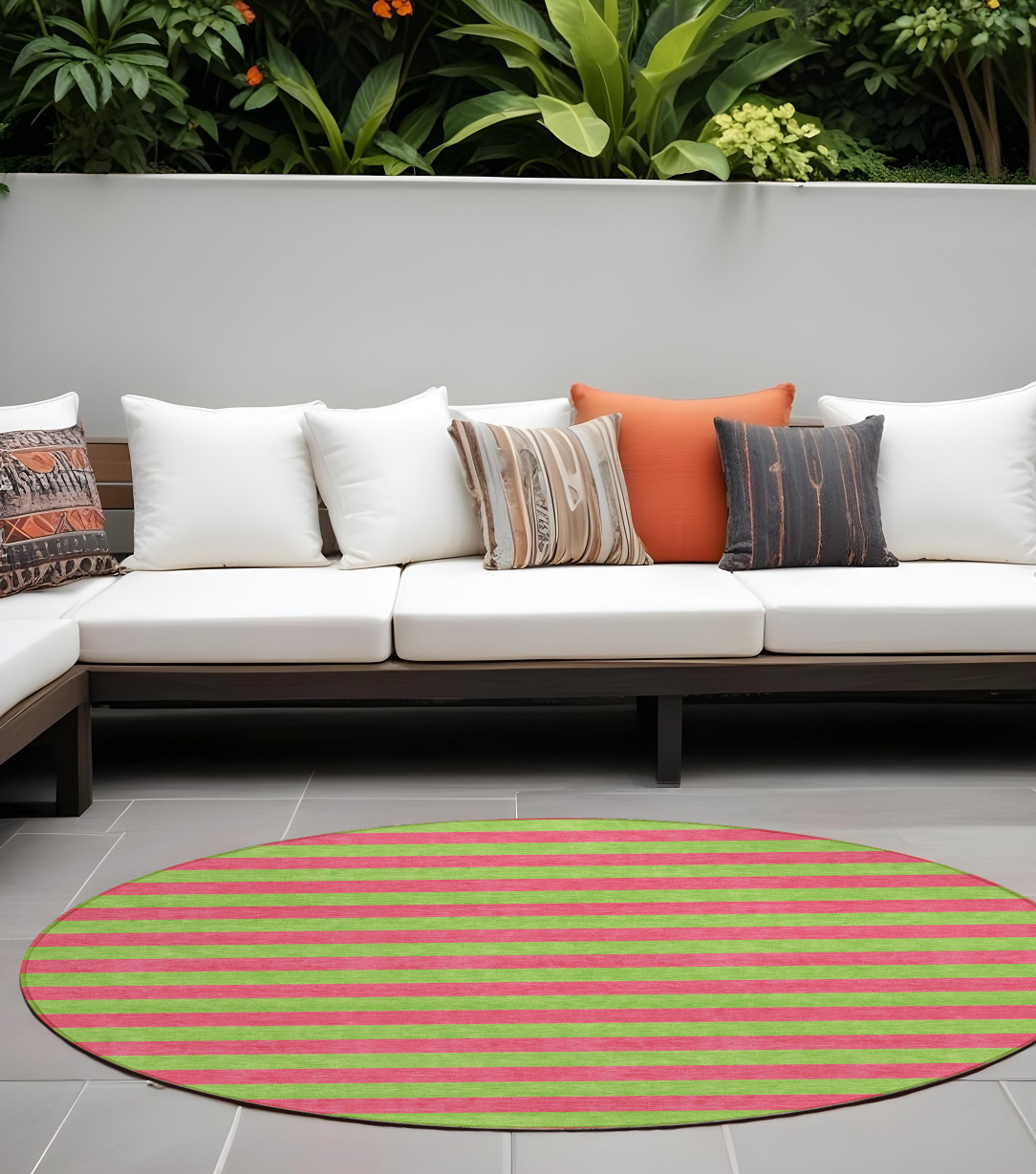 8' Round Green and Red Round Striped Washable Non Skid Indoor Outdoor Area Rug-561055-1