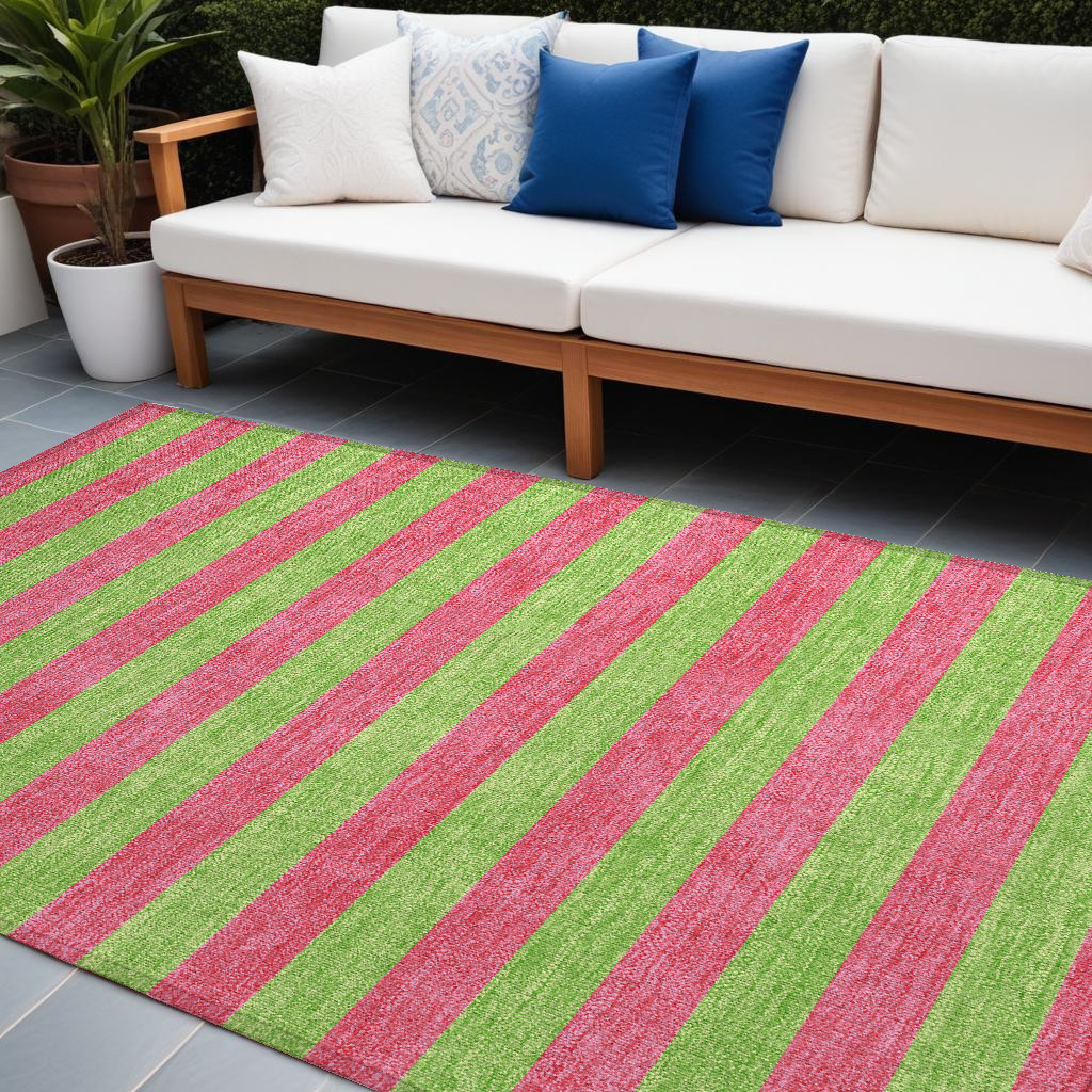 9' X 12' Green and Red Striped Washable Non Skid Indoor Outdoor Area Rug-561057-1