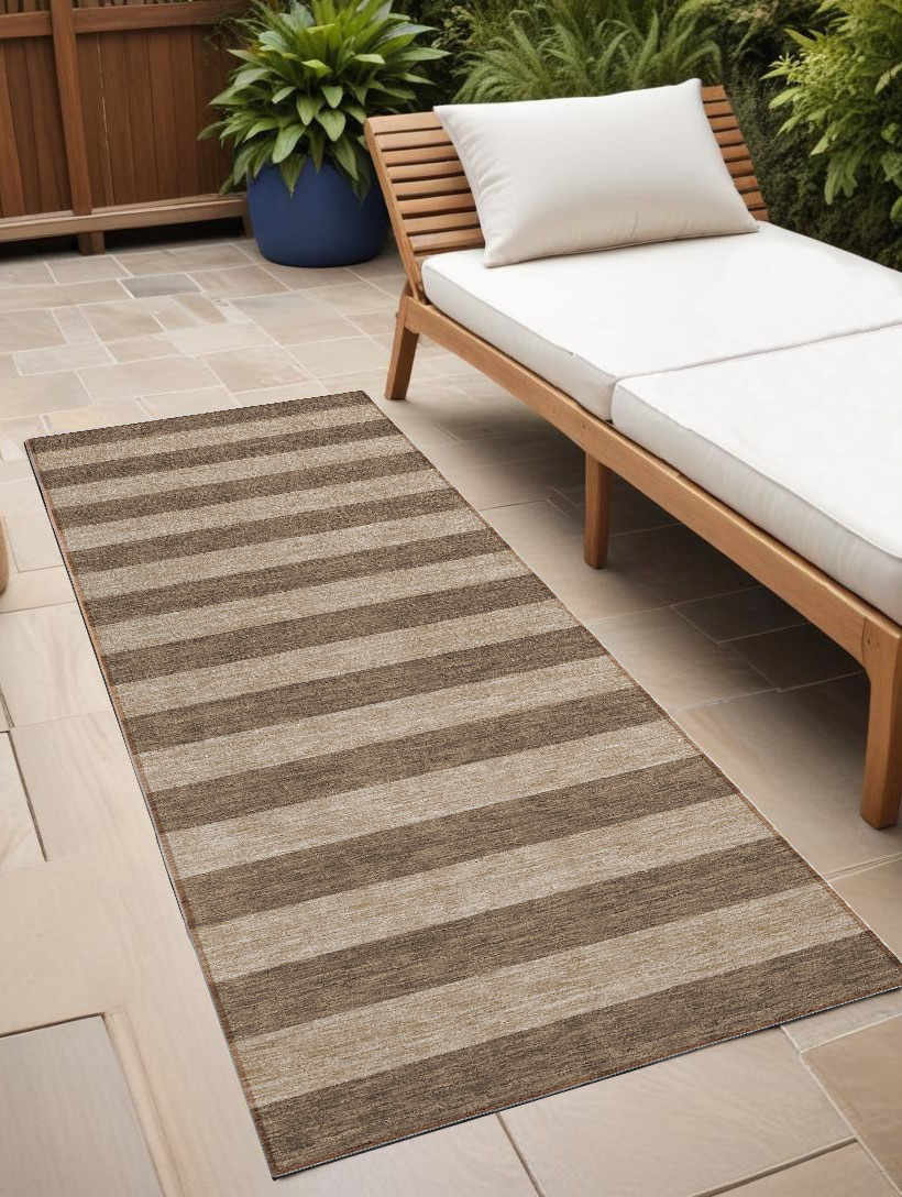 8' Runner Coffee Striped Washable Non Skid Indoor Outdoor Runner Rug-561060-1