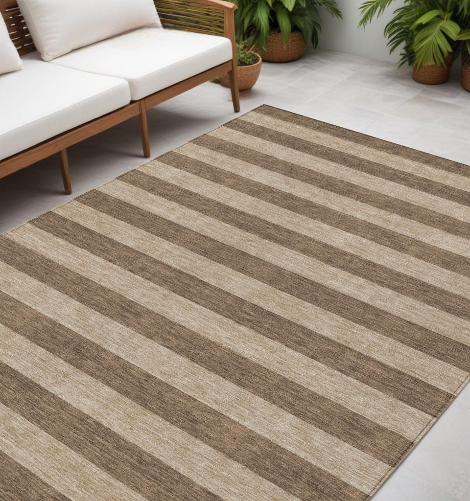 5' X 8' Coffee Striped Washable Indoor Outdoor Area Rug-561063-1
