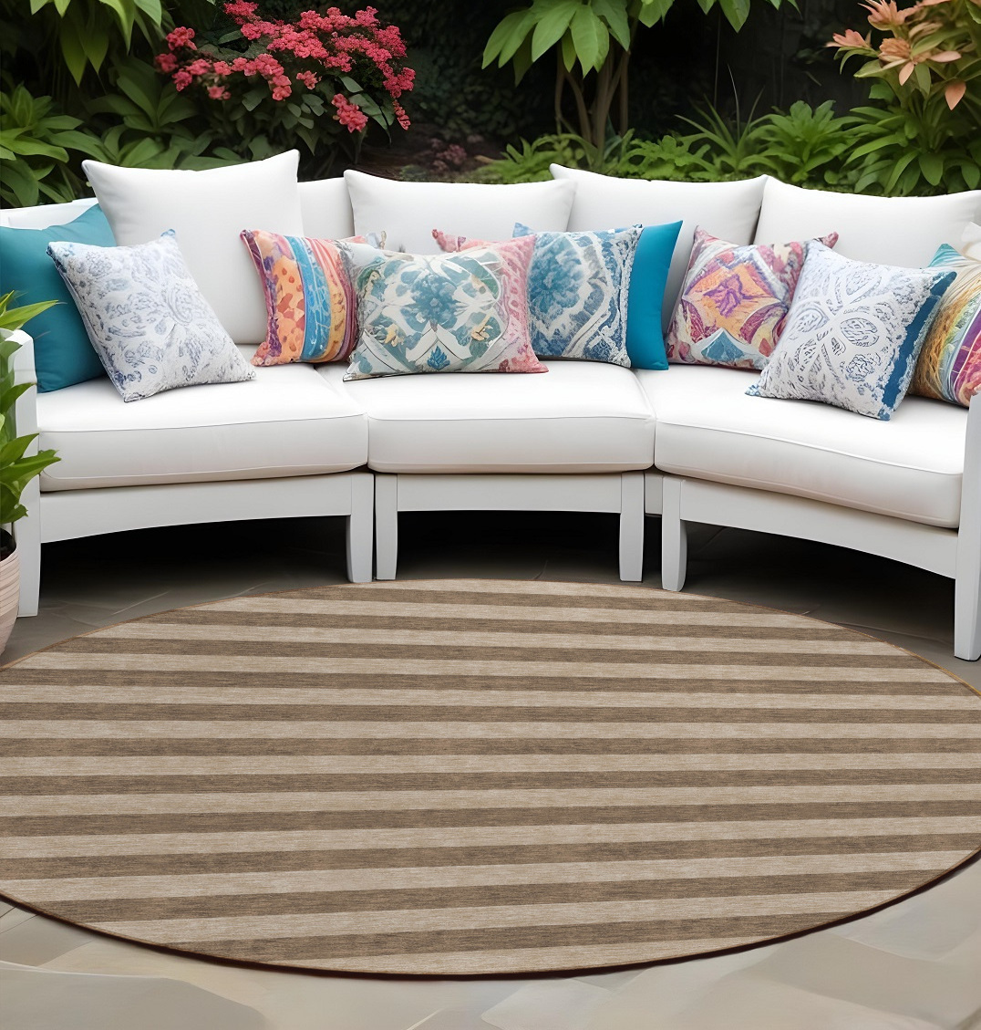 8' Round Coffee Round Striped Washable Non Skid Indoor Outdoor Area Rug-561064-1