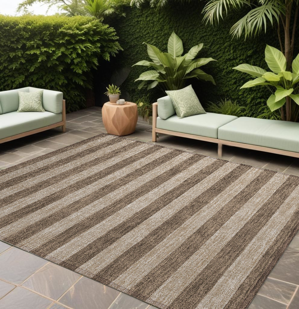 8' X 10' Coffee Striped Washable Non Skid Indoor Outdoor Area Rug-561065-1