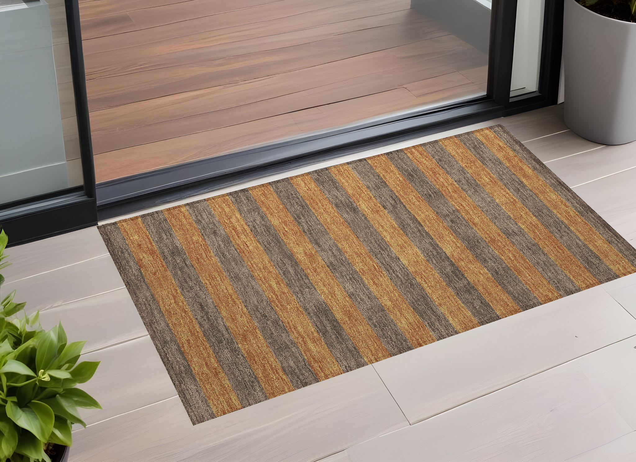 2' X 3' Brown and Tan Striped Washable Non Skid Indoor Outdoor Area Rug-561068-1
