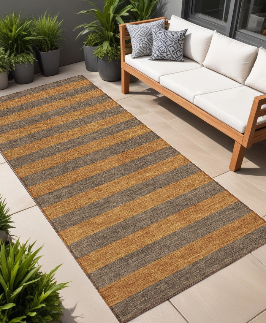 8' Runner Brown and Tan Striped Washable Non Skid Indoor Outdoor Runner Rug-561069-1
