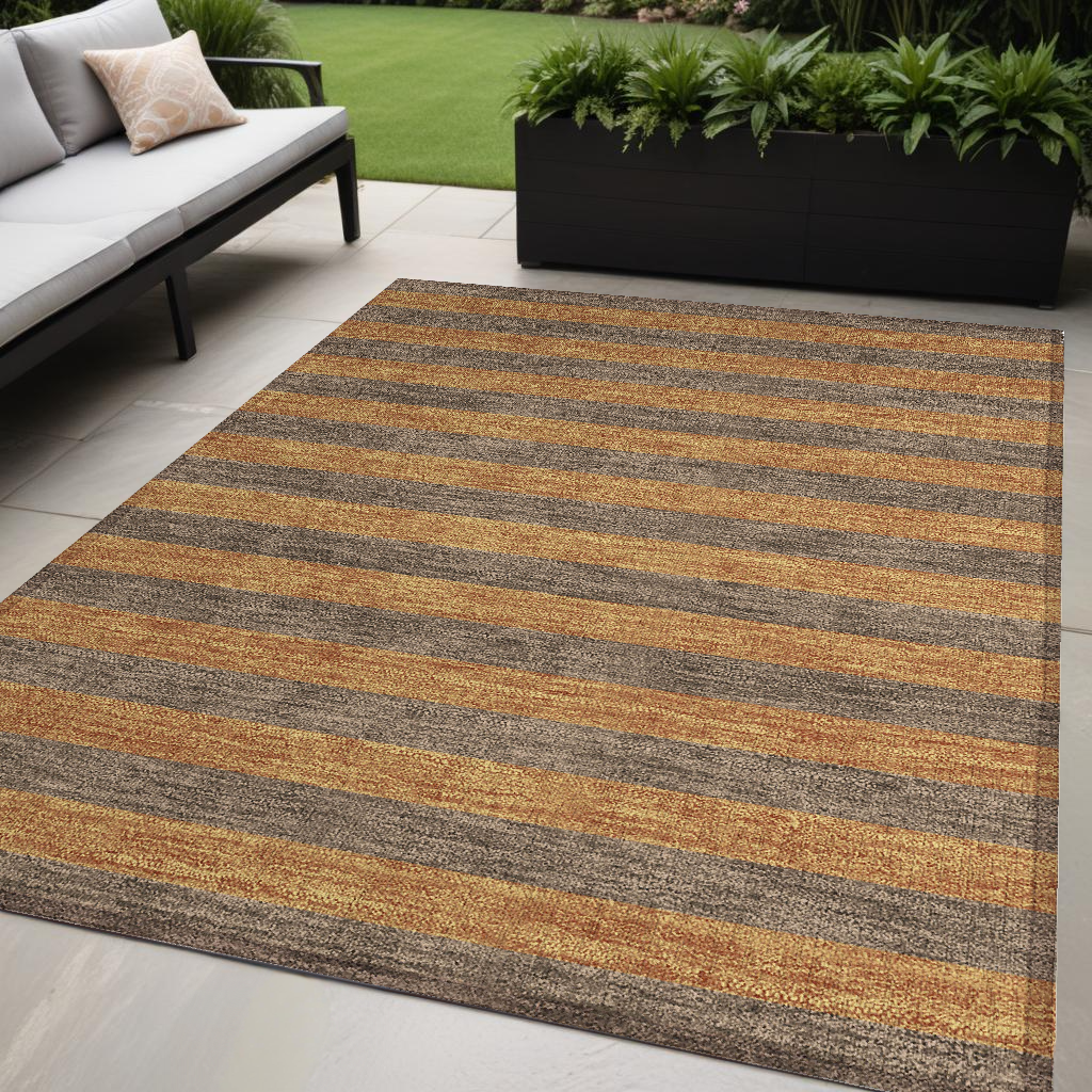 5' X 8' Brown and Tan Striped Washable Non Skid Indoor Outdoor Area Rug-561072-1