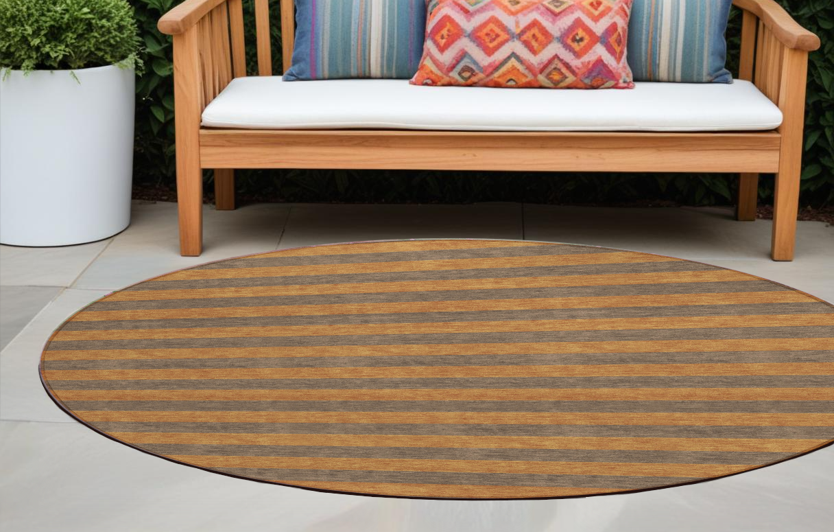 8' Round Brown and Tan Round Striped Washable Non Skid Indoor Outdoor Area Rug-561073-1