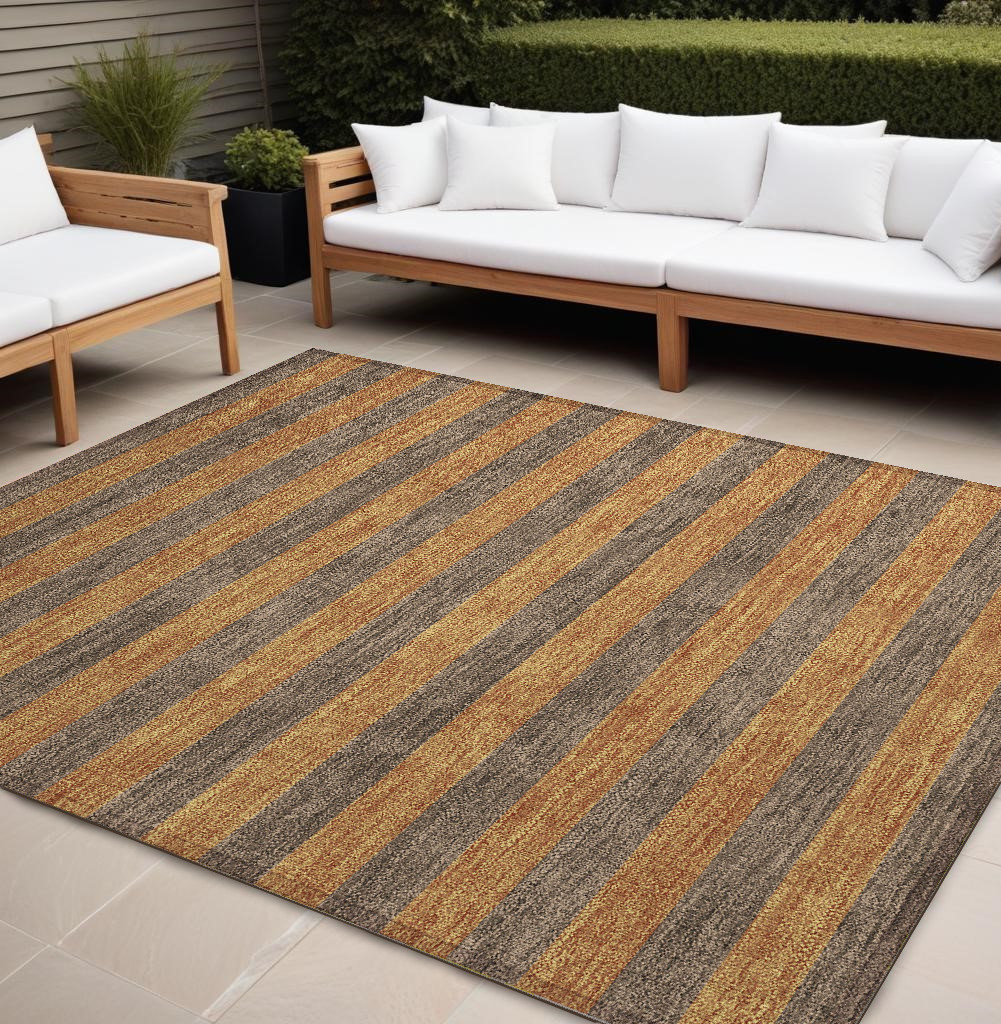 9' X 12' Brown and Tan Striped Washable Non Skid Indoor Outdoor Area Rug-561075-1
