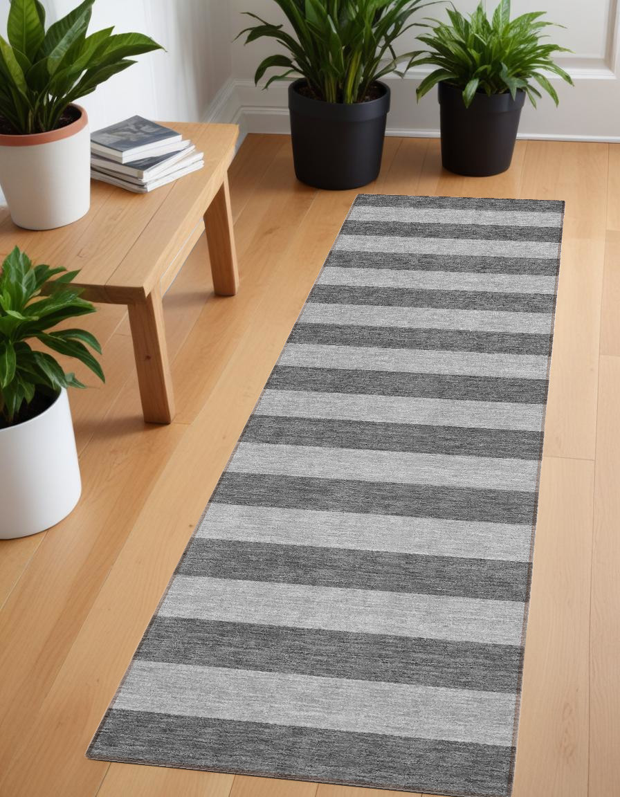 8' Runner Gray and White Striped Washable Non Skid Indoor Outdoor Runner Rug-561078-1