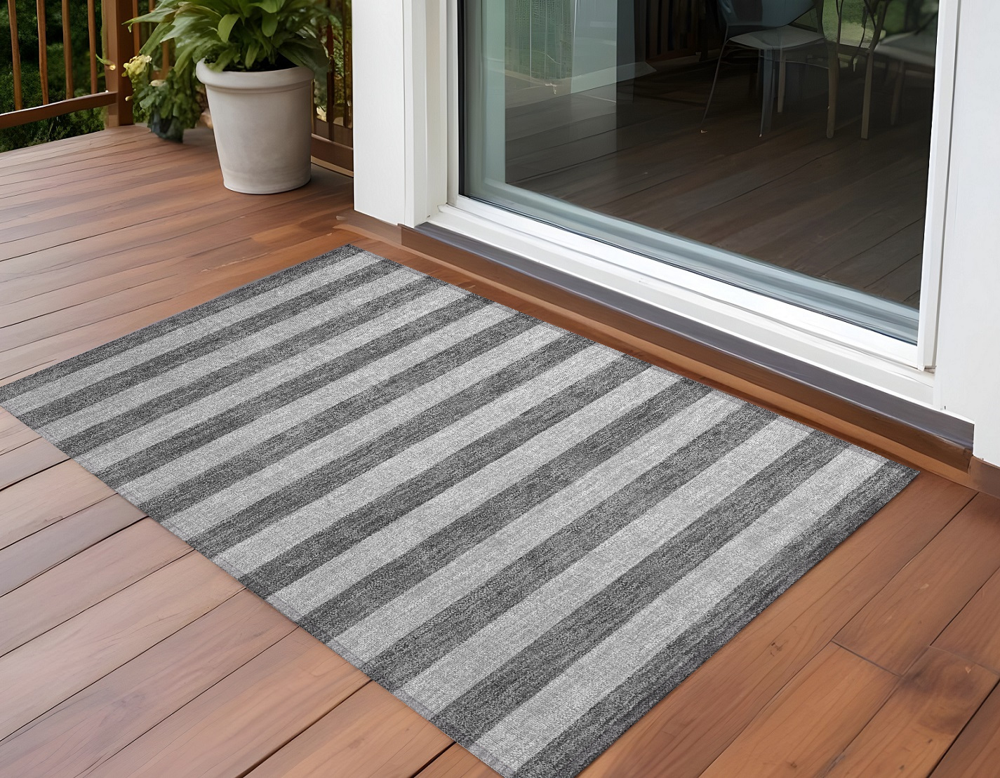 3' X 5' Gray and White Striped Washable Non Skid Indoor Outdoor Area Rug-561080-1