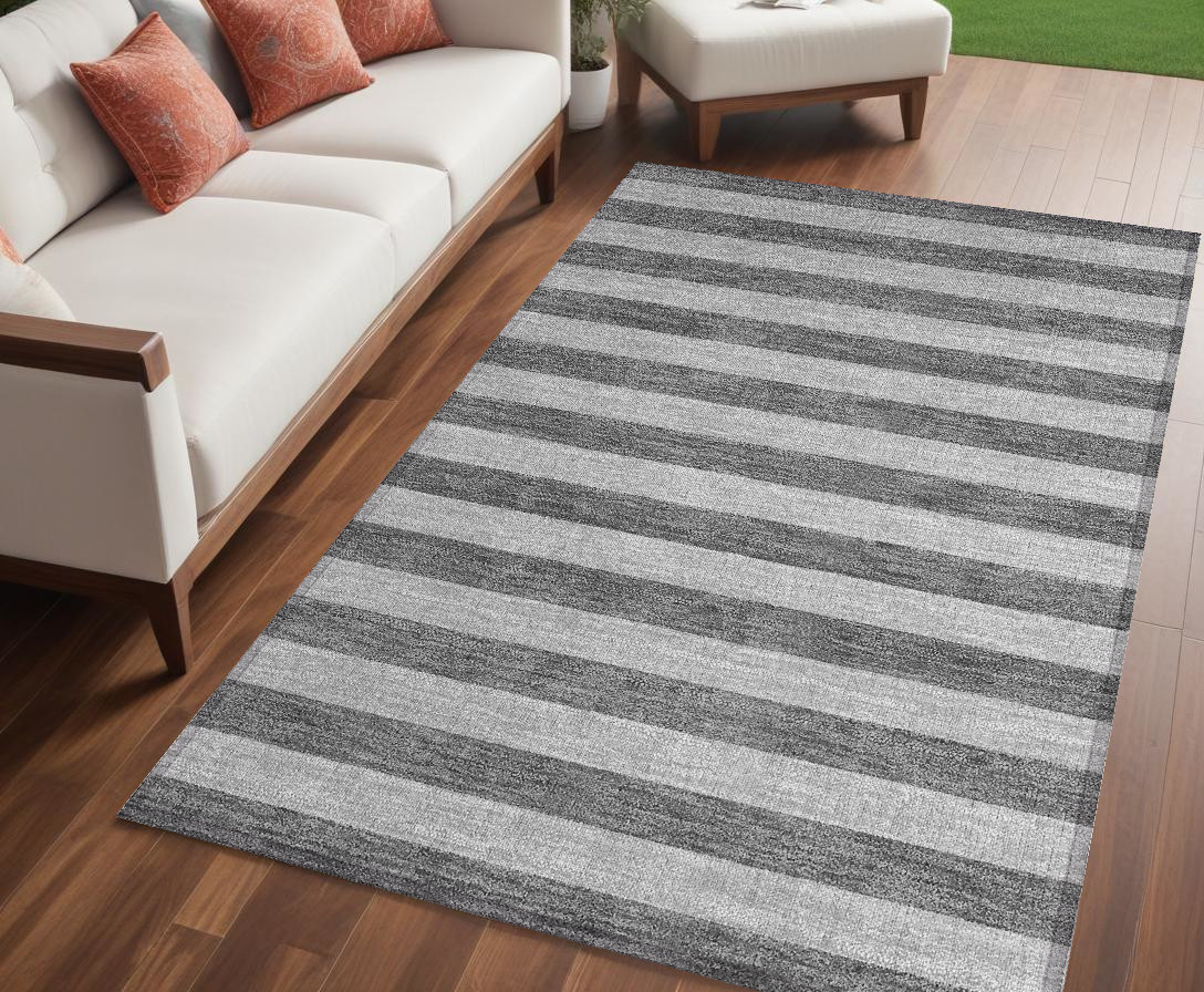 5' X 8' Gray and White Striped Washable Non Skid Indoor Outdoor Area Rug-561081-1