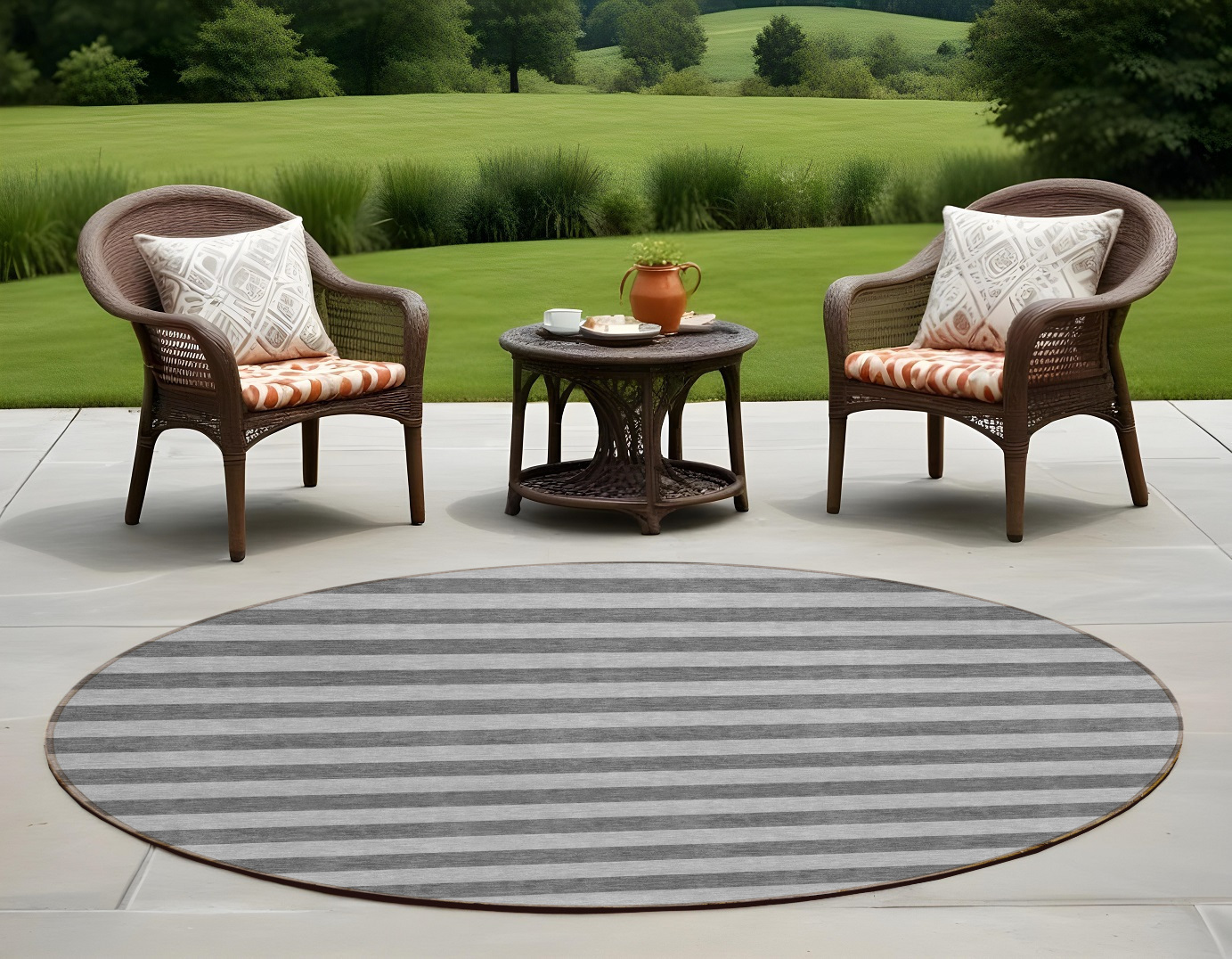 8' Round Gray and White Round Striped Washable Non Skid Indoor Outdoor Area Rug-561082-1