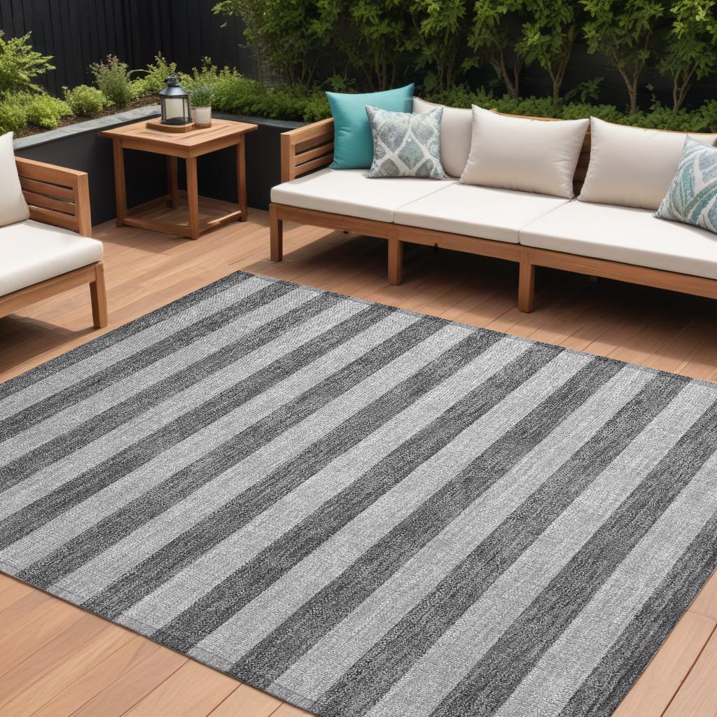 9' X 12' Gray and White Striped Washable Non Skid Indoor Outdoor Area Rug-561084-1