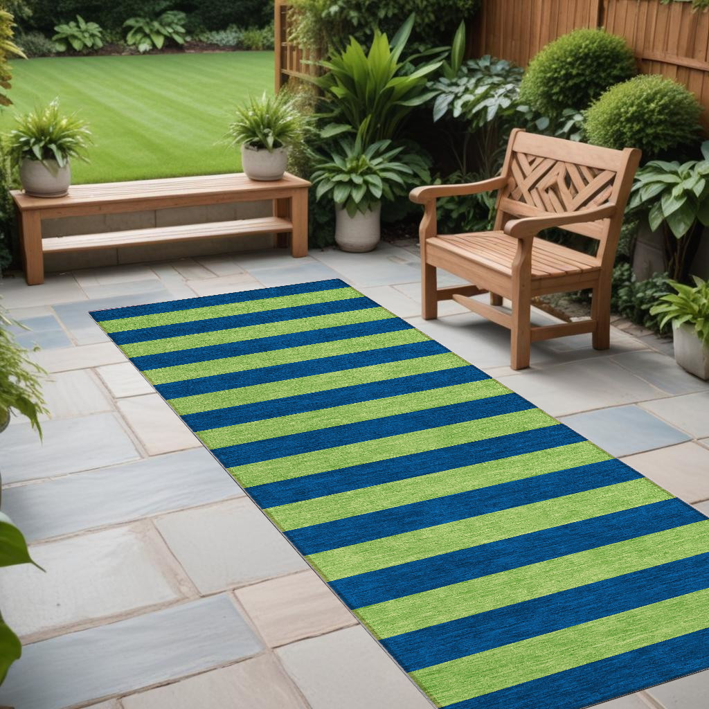 8' Runner Navy Blue Striped Washable Non Skid Indoor Outdoor Runner Rug-561087-1