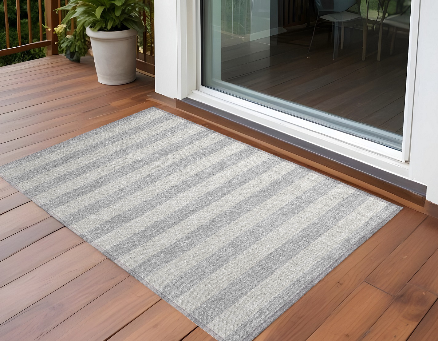 2' X 3' Gray and Ivory Striped Washable Non Skid Indoor Outdoor Area Rug-561095-1