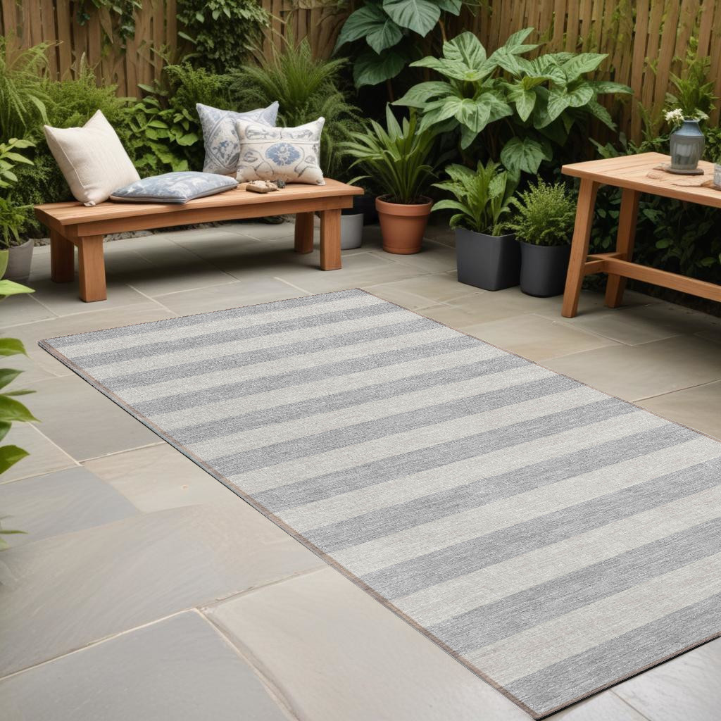 8' Runner Gray and Ivory Striped Washable Non Skid Indoor Outdoor Runner Rug-561096-1