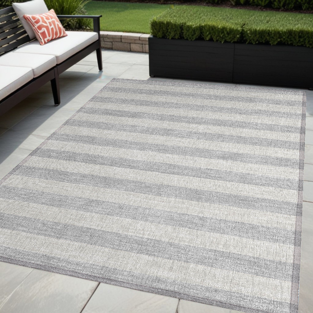 5' X 8' Gray and Ivory Striped Washable Non Skid Indoor Outdoor Area Rug-561099-1