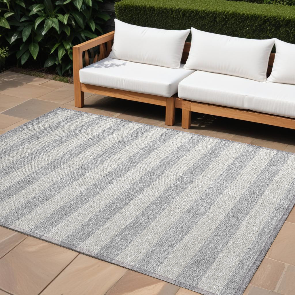 10' X 14' Gray and Ivory Striped Washable Non Skid Indoor Outdoor Area Rug-561103-1