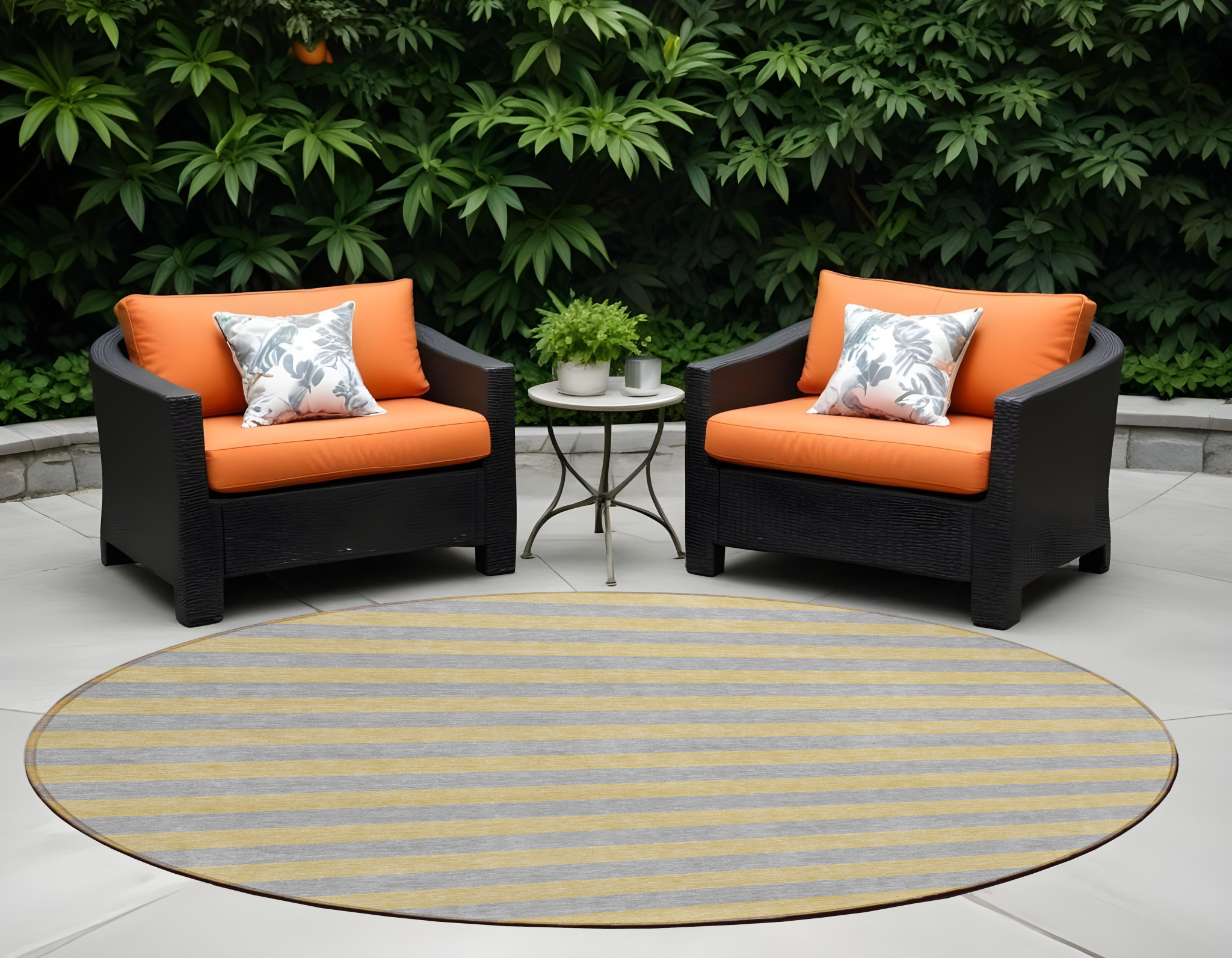 8' Round Silver Round Striped Washable Non Skid Indoor Outdoor Area Rug-561109-1
