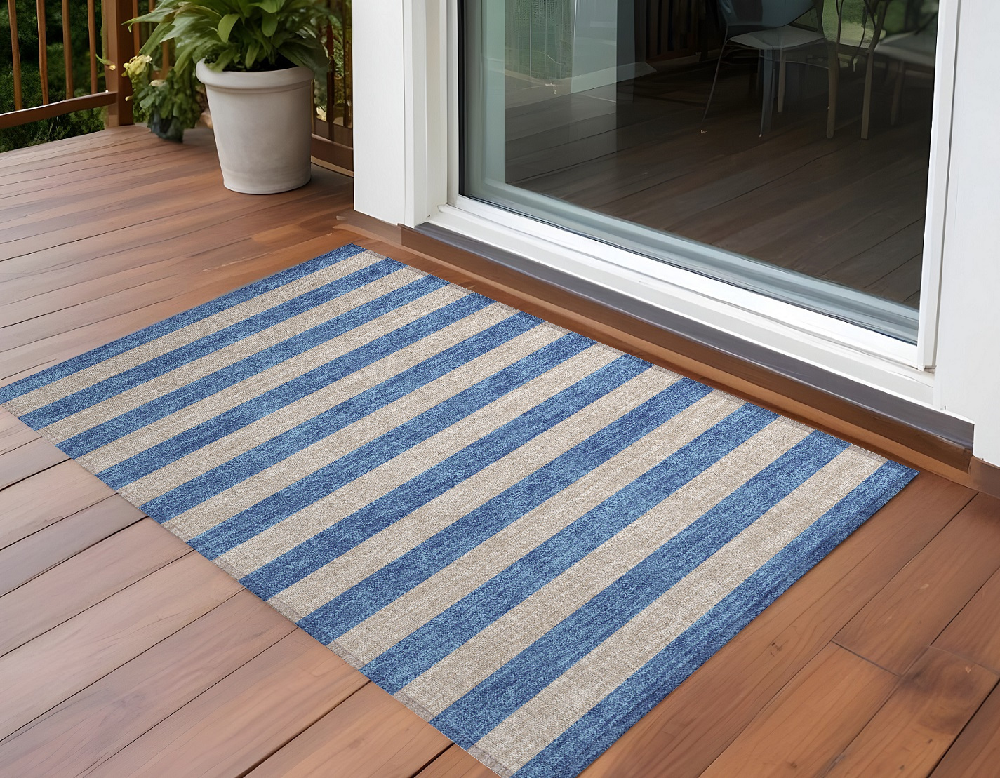 2' X 3' Tan Striped Washable Non Skid Indoor Outdoor Area Rug-561113-1