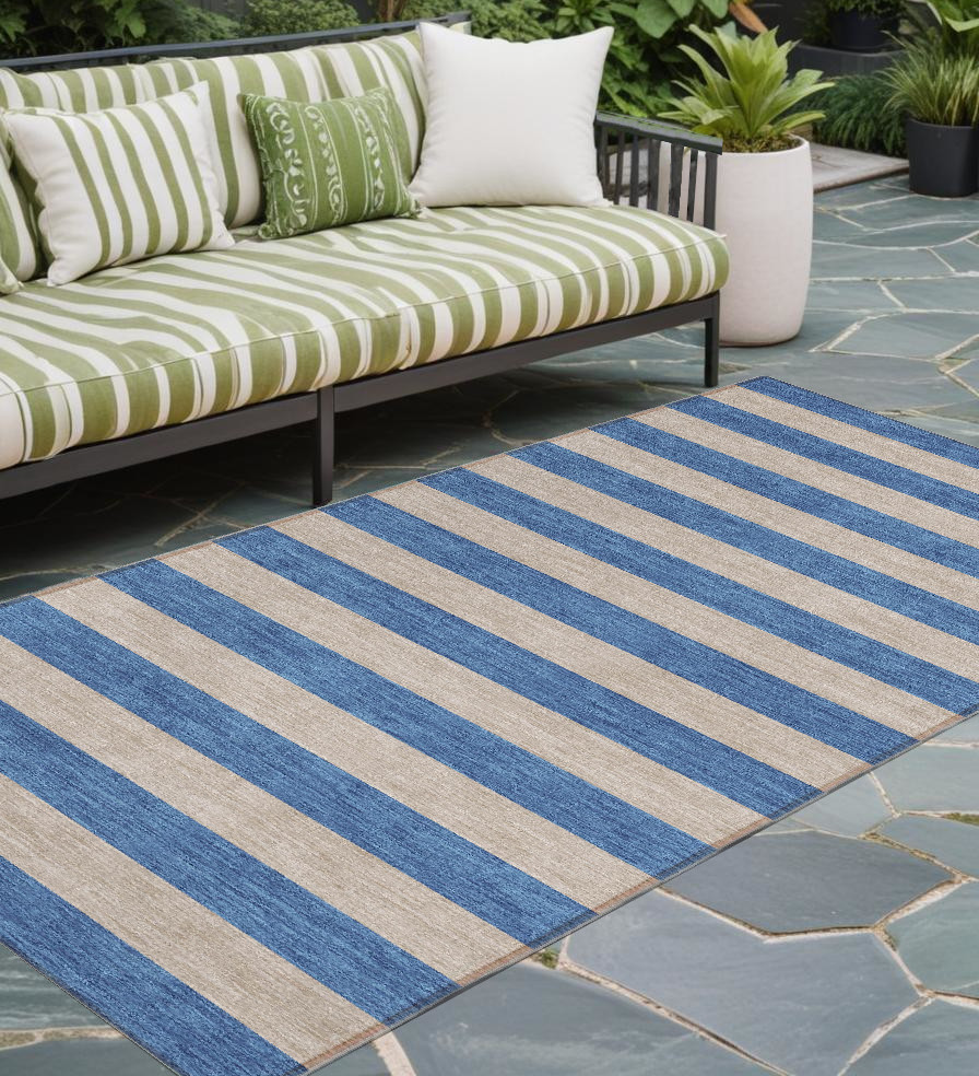8' Runner Tan Striped Washable Non Skid Indoor Outdoor Runner Rug-561114-1