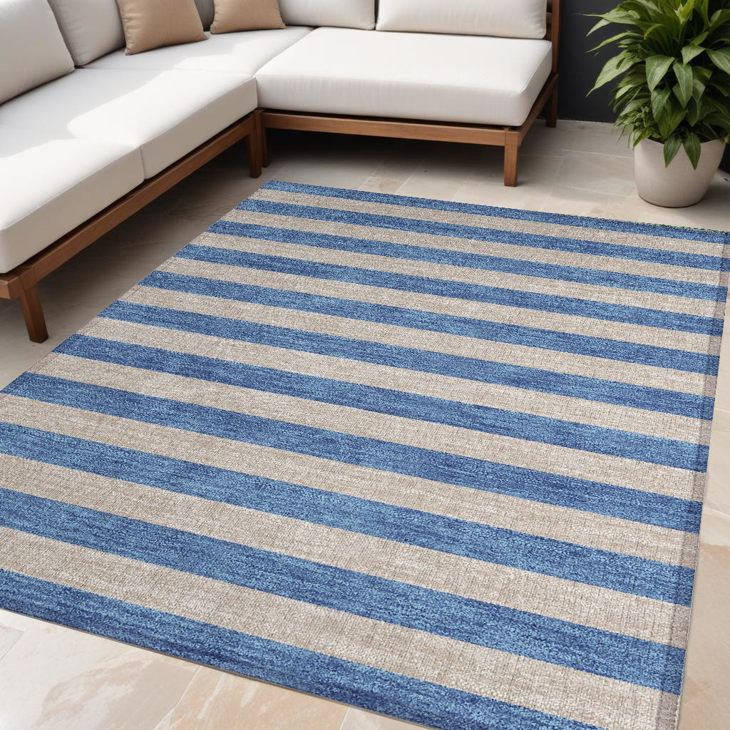 5' X 8' Tan Striped Washable Non Skid Indoor Outdoor Area Rug-561117-1