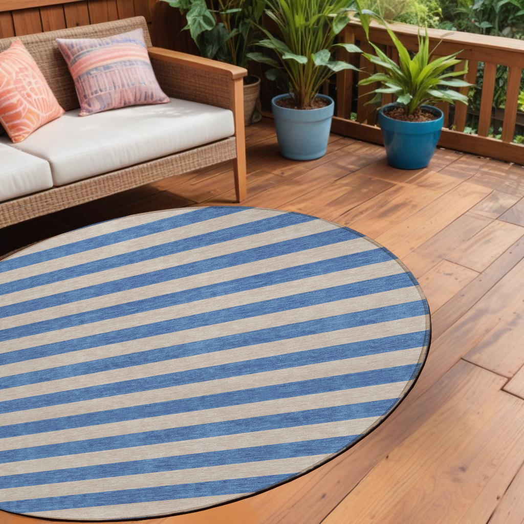 8' Round Tan Round Striped Washable Non Skid Indoor Outdoor Area Rug-561118-1