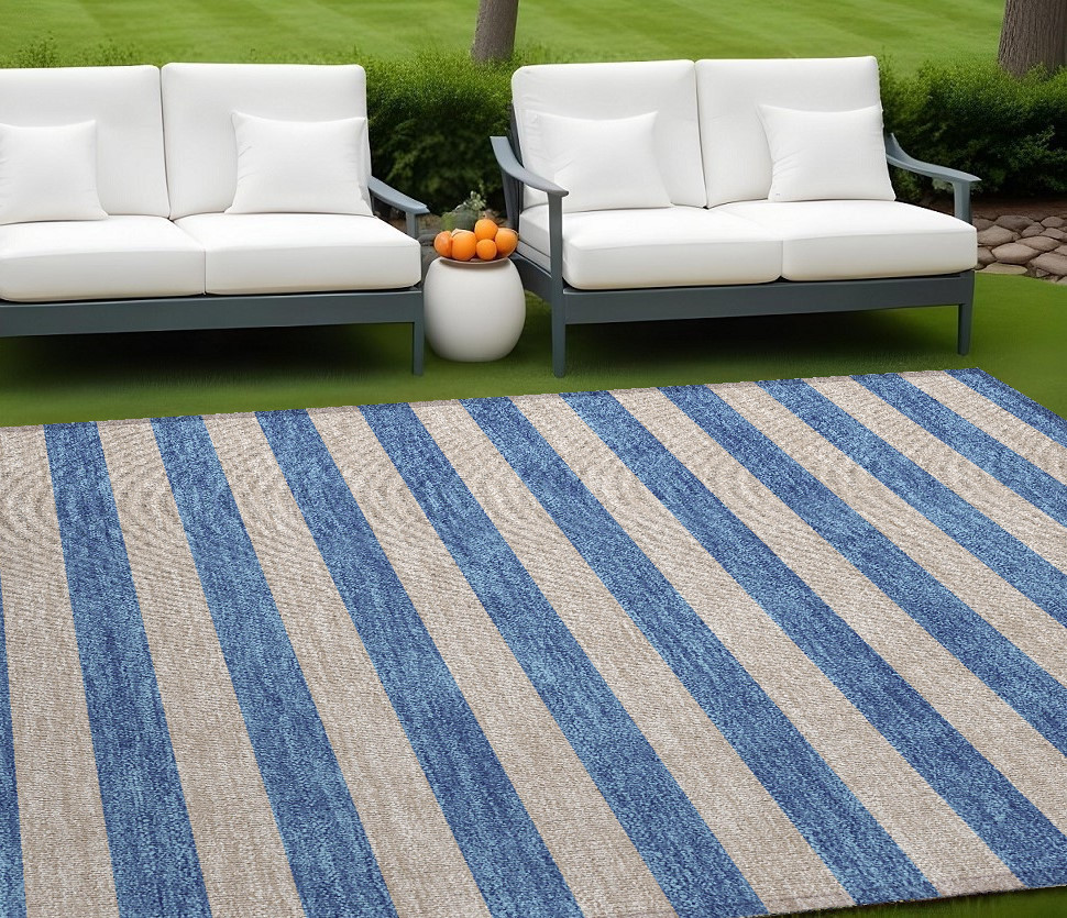 8' X 10' Tan Striped Washable Non Skid Indoor Outdoor Area Rug-561119-1