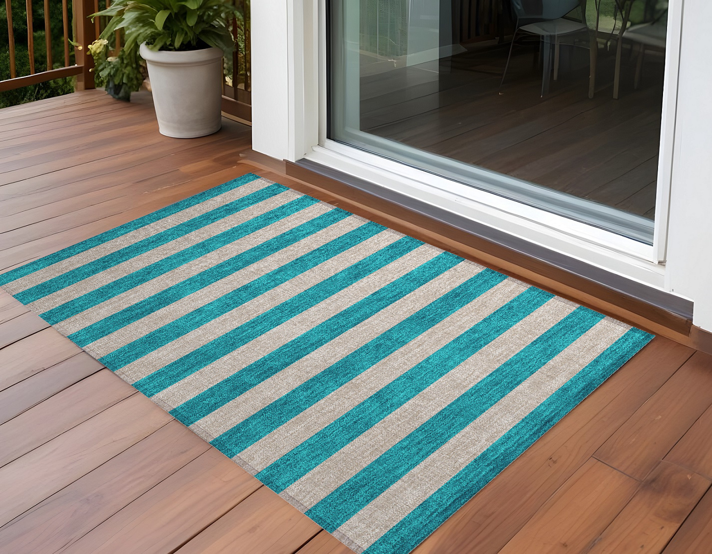 3' X 5' Turquoise Striped Washable Non Skid Indoor Outdoor Area Rug-561125-1