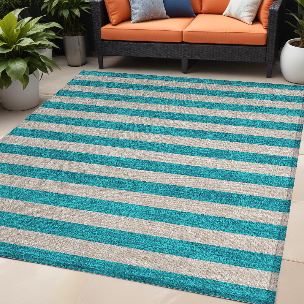 5' X 8' Turquoise Striped Washable Non Skid Indoor Outdoor Area Rug-561126-1