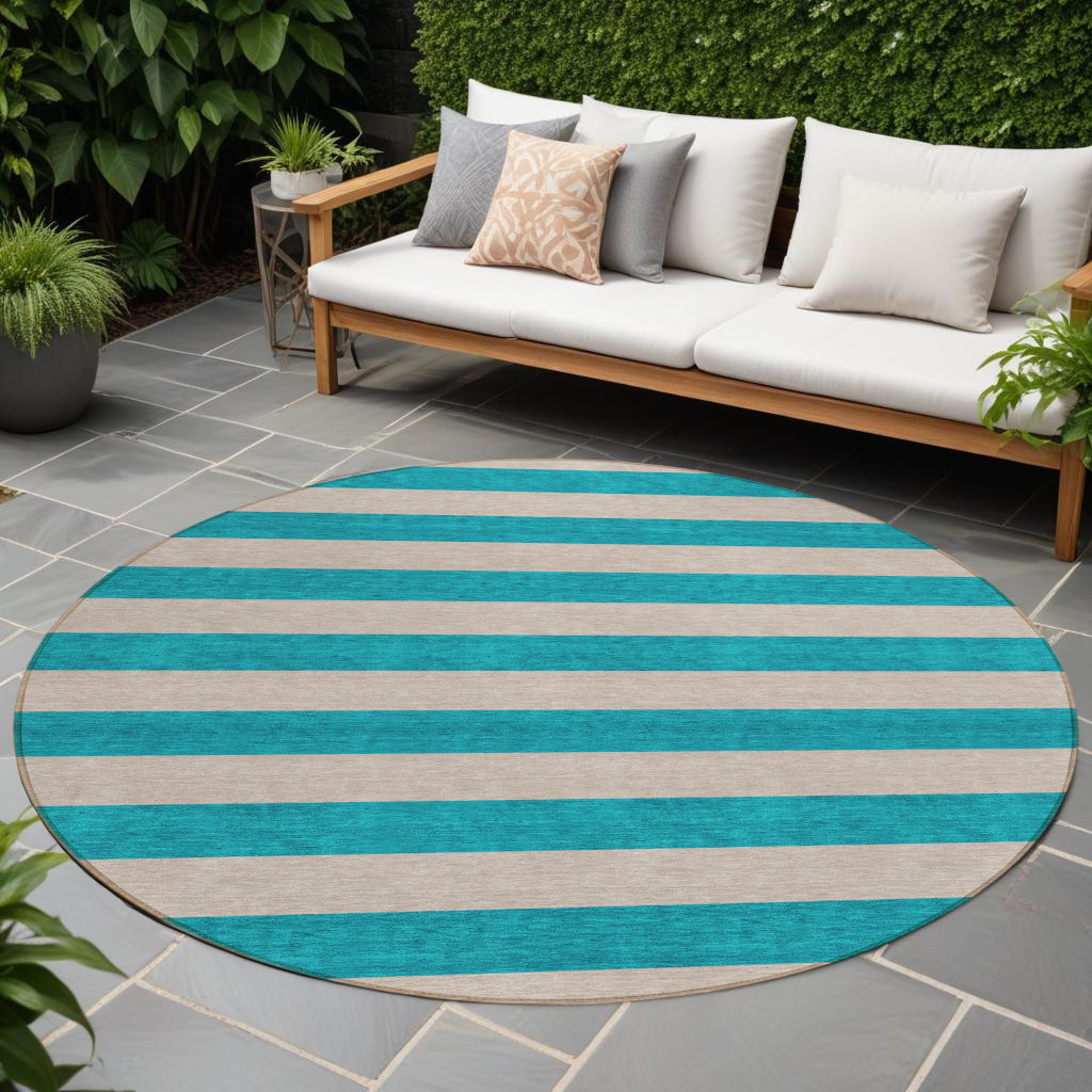 8' Round Turquoise Round Striped Washable Non Skid Indoor Outdoor Area Rug-561127-1