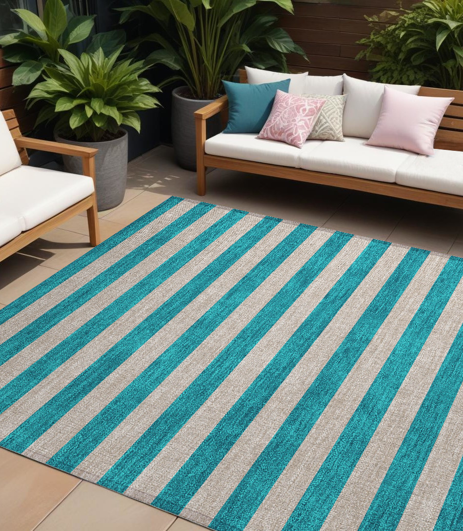 10' X 14' Turquoise Striped Washable Non Skid Indoor Outdoor Area Rug-561130-1